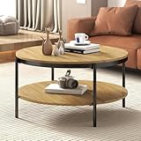 Manora Couchtisch Rund Holz, runder wohnzimmertisch klein 80 cm,Sofatisch mit stauraum 2 Ebenen, Eiche-Optik Metallfüße mit Stahlrahmen(Hell Eiche)