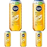 NIVEA MEN Active Energy Duschgel, pH-hautneutrale Pflegedusche mit 24h Frischeeffekt für Männer, revitalisierende Formel mit Koffein für Körper, Gesicht und Haar (250 ml) (Packung mit 5)