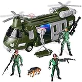 JOYIN Militärfahrzeuge Spielzeug-Set mit Reibungsantrieb, Transporthubschrauber mit Licht, Tonsirene und Soldatenarmee, Spielzeug für Kinder