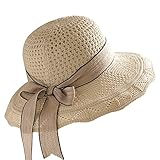JIHUOO Sommer Faltbar Sonnenhüte Sommerhut Strandmütze Strandhut mit Schleife 1920er Vintage Bowler Hut für Damen Beige