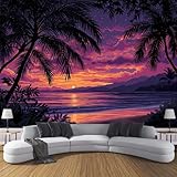 Tapete Kinderzimmer Abstrakt Sonnenuntergang Palmen Fototapete Wohnzimmer, Berge Ozeane Vliestapete Küche, Wand Deko Tapeten, 200×140cm(W×H) Wandverkleidung Lila XL Wandtapete Schlafzimmer
