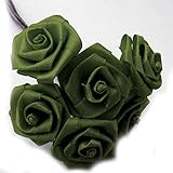 The Crafts Outlet Zwölf Bundle 12 handgefertigt zusammengeklappt Band Rosen, 1/4 Zoll breit Rose 4-Zoll lang Drahtstiel, Olive Grün