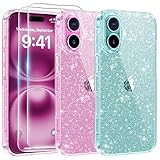 AROYI 3 in 1 Klar Glitzer Handyhülle Kompatibel mit iPhone 16 Hülle Glitzer mit 2 Stück Schutzfolie, Handyhülle Kompatibel mit iPhone 16 Transparent Weiche TPU Silikon Case [Anti-Yellowing]