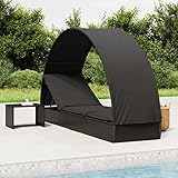 IKAYAA Polyrattan Sonnenliege mit Sonnendach, Gartenliege mit Verstellbarer Rückenlehne, Outdoor Relaxliege mit weicher Polsterauflage, Rattanliege für Garten, Balkon und Terrasse - Schwarz