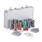Relaxdays 10031551 Pokerkoffer, 300 Laser Pokerchips, 2 Kartendecks, 5 Würfel, Dealer Button, verschließbar, Aluminium, silber
