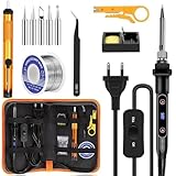 80W LCD Lötkolben Set,Soldering Iron,Lötset,Temperatur einstellbar 180-520°C mit Ein/Aus Schalter, Lötkolben mit 5 Spitzen, 50g Lötdraht, Entlötpumpe, Lötkolbenhalter