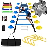 BJNCDIO Fussball Trainingszubehör, Koordinationsleiter 6m mit 12 Hütchen, Abnehmbar Hürden, Springseil, Widerstandsbänder, Widerstandsschirm,Fussball Trainingsset,Fussball Geschenke Jungen (Blau)