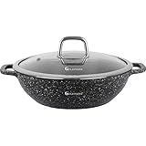 GOLDMANN Aluminiumguss, Servierpfanne 24 CM (2.5L), Keramik-Marmor Beschichtung, mit Glasdeckel, Induktionsgeeignet, Schwarz (24x7.5 CM)