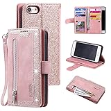 UEEBAI Hülle für iPhone 6 Plus 6S Plus, Vintage Reißverschluss Handyhülle PU Leder Handytasche Silikon Bumper mit 9 Kartenfächer Standfunktion Geldbörse Trageband Schutzhülle Flip Wallet Case-Roségold