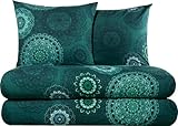 Erwin Müller Bettwäsche, Bettgarnitur Sparpaket 4-TLG. Flanell - Mandala - mollig warm, temperaturregulierend, mit praktischem Reißverschluss - Petrol Größe 80x80 cm / 135x200 cm
