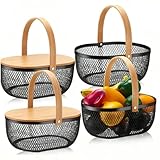 e essco for you Ovaler Aufbewahrungskorb aus Metalldraht mit Griff und Bambusdeckel, stapelbar, Drahtkorb, für Küche, Badezimmer, Heimdekoration, Schwarz, 4 Stück