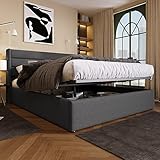 Gelukueub Stauraumbett Polsterbett Hydraulisch Doppelbett, Lattenrost aus Holz, Bett mit Lattenrost aus Metallrahmen, Leinen (Grey, 180x200cm)