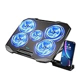 AIMIUZI Laptop Kühler,Laptop Lüfter Unterlage,Laptop Cooling Cooler Pad,Laptop Kühlung Kühlpad mit 5 Leisen Lüftern für 12-15,6 Zoll, 5 Höhenverstellbar, 2 USB-Ports, 1 Telefonhalter (Blau)