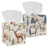 Taschentuchbox-Abdeckung, quadratisch, dekorativer Taschentuchhalter für Badezimmer, Frohe Weihnachten, Elch, Hirsch, PU-Leder, Würfel, Gesichtspapierbox, 12,7 x 12,7 x 12,7 cm, 2 Packungen