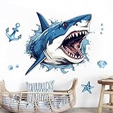 Supzone Wandtattoo 3D Hai Öffnender Mund Wandaufkleber Ozean-Thema Wandsticker Jungenzimmer Wand Dekor für Kinderzimmer Babyzimmer Schlafzimmer Spielzimmer Wanddeko