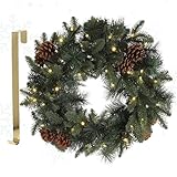 MeisterHome ® Künstlicher Weihnachtskranz Adventskranz für Tür Ø 50 cm - Weihnachtlicher Türkranz für Innen und Außen mit 35 LEDs, Timer und Kiefernzapfen-Beeren-Dekoration + Goldfarbener Aufhänger