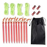 JTENG Zeltheringe Heringe Sandheringe, 10 Stück Aluminium Legierung Zelt Stakes Pegs Nails Bodenheringe 18cm Bodenanker & 4 Stck Leuchtend reflektierend Abspannseile Seil 4m & Tasche (ROT Heringe)