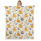 Homewish Halloween Herbsternte Kürbis Decke 229x229cm Süße Blüten Blätter Frohes Herbst Kuscheldecke Ahornblätter Fleecedecke für Jungen Kinder Thanksgiving Geschenke Dekor für Bett Couch Decken
