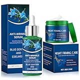 Allony Bio Anti Falten Serum Blauer Enzian & Edelweiß, Blauer Enzian Anti Aging Gesichtscreme & Gesichtsserum Set, Gesichtspflege Set Damen, Straffe Haut, Alle Hauttypen Geeignet(30ml+50g)