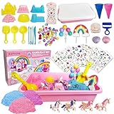 BARVERE Knetsand Set Kinder, 38 Pcs Spielsand Set, 1.3kg Knetsand mit Spielsand Box, Einhorn Magic Zaubersand Koffer, Bastelset Kinder Bunter Kinetik für Mädchen & Junge