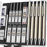 Nicpro 5 Stück Metall Druckbleistift Set mit Etui, Künstler Bleistifte mit 9 Dosen Ersatzminen 0,3, 0,5, 0,7, 0,9 und 2 mm (2H HB 2B 4B Farbige Mine), 2 Radiergummis, zum Skizzieren und Zeichnen