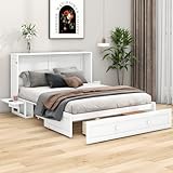 Schrankbett Bed Concept, 140x200 cm Murphy Bed Bettschrank Vertikal Bett mit Schubladen und Regal, Mobiles Wandbett mit Lattenrost, Klappbett mit Schrank, Verwandelbare Plattformbetten, Weiß