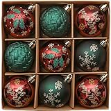 Valery Madelyn Weihnachtskugeln Kunststoff Christbaumkugeln Weihnachtsdeko mit Aufhänger Weihnachtsbaumschmuck für Weihnachten Dekoration Rot Grün 9 Stücke 6CM Landstraße Thema