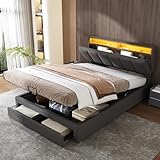 FUCMKON Bett 140x190,Polsterbett Doppelbett,Jugendbett Bettgestell,Lattenrost,Hydraulisches Stauraumbett mit Schubladen,Kopfteil mit LED und Stauraum,Leinen,Ohne Matratze (Grau I, 140x190cm)