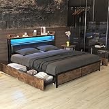 Luxuriöses Polsterbett 180x200 cm mit LED, 4 Schubladen & Lattenrost - Modernes Designerbett aus PU-Leder, Stauraumbett für Erwachsene & Jugendliche, Schwarz