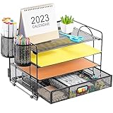 Marbrasse Schreibtisch Organizer-Tablett,4-Stöckig Papier Briefablage Organizer mit Schublade,2 Stifthalter,Netz-Schreibtisch-Organizer für Zuhause Bürobedarf(Schwarz)