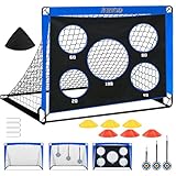 Fitencexu Fußball Tore, Torwand für Kinder Fussballtor Kinder Outdoor mit Torwand 3 In 1 Pop Up Tor mit 5 Schussloecher und Tragetasche, Bodennägeln,3 Zielscheiben & 6 Hindernisse (Blua)