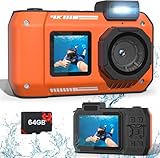 MOREXIMI 33FT Unterwasserkamera 4K 65MP Wasserdicht Kamera, Unterwasserkamera zum Schnorcheln mit 64GB Karte Autofokus Selfie Dual-Screen, Digitalkamera wasserdichte Kompakte Schwimmfähige (Orange)