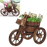 Pflanzkübel aus Holz in Wagenfarbe, Pflanzkübel für den Garten im Freien mit Wagenrädern, Pflanzkübel aus Fass, Dekorativer Dreirad-Pflanzkasten, Topfständer, für die Gartenterrasse im Hinterhof