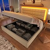 FEZTOY LED Bett, Polsterbett mit Stauraum, Stauraumbett mit Hydraulisch, Doppelbett Bettgestell mit Lattenrost & Bettkasten & Kopfteil, PU-Oberfläche, Weiß (140x200cm-ohne Matratze)