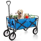 Pawom Zusammenklappbarer Station Wagon Outdoor All Terrain Trolley, Faltbarer Bollerwagen Handwagen Gartenwagen, Getränkehalter aus Mesh, verstellbare Griffe, Stofftasche, 360°-Rotation des Vorderrads