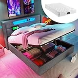 Crlnaup Polsterbett LED Doppelbett mit USB Typ C Ladefunktion und LED-Beleuchtung,Stauraumbetten Bettgestell aus Leinenmaterial Jugendbett 160x200 mit lattenrost(Mit Matratze)