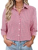 Rapbin Karierte Hemd Damen Langarm Trachten Bluse Baumwolle Hemd V-Ausschnitt Bluse Casual Oberteil mit Knopfleiste Rot M