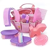 GHWMYD Putzzeug für Pferde, Putzbox mit 9-teilig Pferde Bürsten Zubehör, Weiche und Harte Duschbürsten, Schweißmesser, Hufkratzer, Haarkamm, Massagebürste für Pferdepflege, Farbe: Rosa