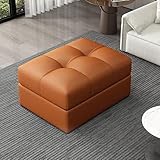 Stilvoller orangefarbener Leder-Fußhocker, vielseitiger Aufbewahrungs-Pouf und Schuhwechselsitz, perfekt für Schlafzimmer und Badezimmer, 80 x 60 x 43 cm