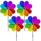 LUKDUNG 4 Stück Windspiel Blume Windrad 30cm Regenbogen Sparkly Windmühle Spinner für Rasen Windrad Hof Garten Terrasse Balkon Gartenstecker Deko
