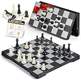 Gibot Schachspiel, Schachspiel Magnetisch Hochwertig, Mini Schach, Einklappbar Schachbrett, Reiseschach, Schachspiel Kinder und Erwachsene, Schwarz und Weiß 16 × 16 cm