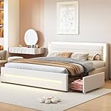 Huayz Polsterbett 180×200cm, mit farbwechselnder LED-Beleuchtung, mit Vier Ablagefächern, Leinenstoff, Doppelflachbett mit Lattenrost,Ohne Matratze (Beige)