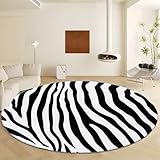 Runde Teppiche 100 cm, Waschbarer Runder Teppich für das Wohnzimmer, Zebra Textur mit Tiermuster Rutschfester Niedrigflor-Teppich, Weicher Schwarz Teppich für Schlafzimmer