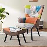 Matomn Relaxsessel mit Hocker Patchwork Sessel Holz Sessel Wohnzimmer moderner Ohrensessel mit Massivholzfüße Fernsehsessel Leinen Loungesessel Stuhl Orange