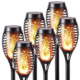 Solarleuchten für Außen Garten - Geemoo 6 Stück Solar Fackel Gartenfackeln mit Realistischer Flammeneffekt, IP65 Wasserdicht Solarlampe für Halloween Außen, Hinterhöfe, Gärten, Rasen Beleuchtung