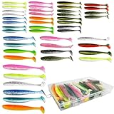 46 Stück Angelköder, Rubber Fishing Lure, Schwimmköder, Gummifische, Angelköder Kit, 6/9/12cm Gummifische Set, Gummiköder Set, Eingearbeitete Reflektierende Pailletten für Barsch Köder Zander Forelle