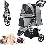 Nastarki Hundewagen 15 Kg Haustier Buggy Hund Katze Klappbar Hundebuggy 3 Räder Haustier Kinderwagen mit Regenschutz (Grau) und Storage Basket, Hundebox für kleine Hunde Katzen