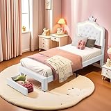 DAHUEN Kinderbett 90x200cm, Mädchenbett mit verstellbarem Kopfteil und Lattenrost, PU-Leder Polsterbett mit Krone, Stauraumbett mit Schubladen, Funktionsbett mit Beleuchtung (Weiß, 90×200cm)