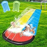 Rppiup Wasserrutsche Garten, 6,1 * 1,4M Doppel Wasserrutschmatte, Wasserspielzeug Kinder Outdoor mit 2 Surfboard, Rasen Wasserrutsche Rutschmatte mit Sprinkler, Wasserbahn Duell für Garten Rasen