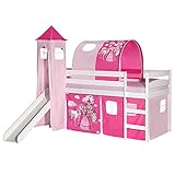 IDIMEX Hochbett mit Rutsche Benny Kinderbett Spielbett Holzbett mit Vorhang, Tunnel und Turm Prinzessin Motiv rosa pink, Kiefer massiv weiß lackiert, 90 x 200 cm